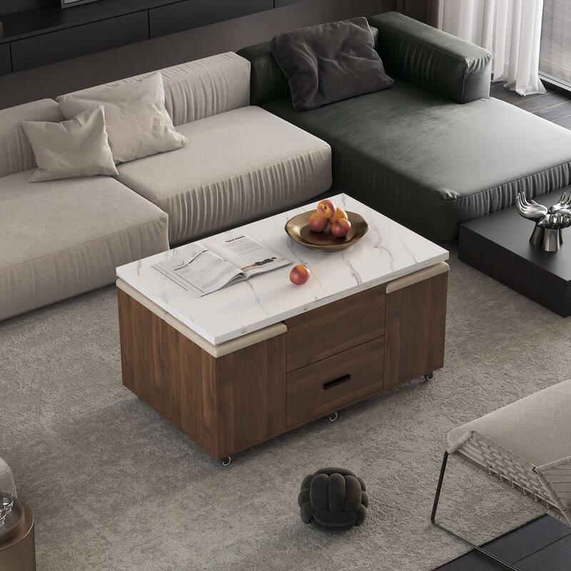 Lift Top Coffee Table Set with 4 Stools, Center Table with Hidden Storage & Drawers, Living Room Table with Lockable Wheels - White,Wood