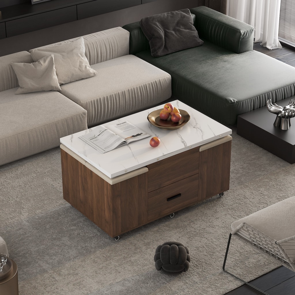 Modern Lift-Top Coffee Table Set with 4 Stools, Expandable Living Room Table with Hidden Storage & 2 Drawers