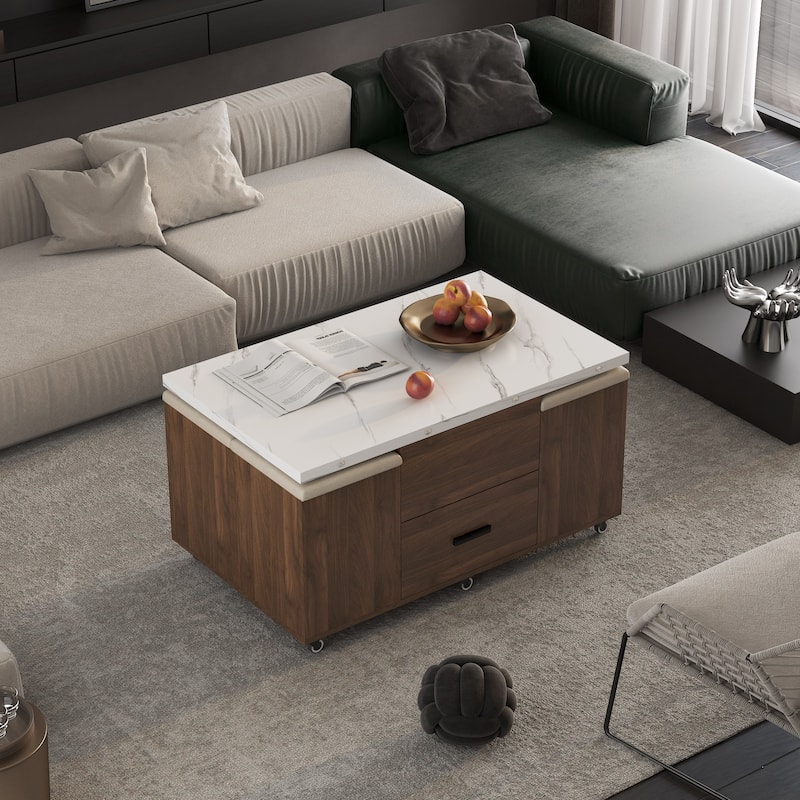 Modern Lift-Up Coffee Table with 4 Stools Set Expandable 1 Hidden Storage + 2 Drawers Space Saving Folding Dining Table