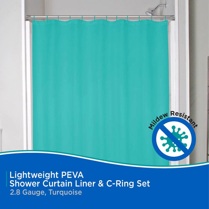 Kenney Lightweight PEVA Shower Curtain Liner and C-Ring Set, 70" W x 72" H