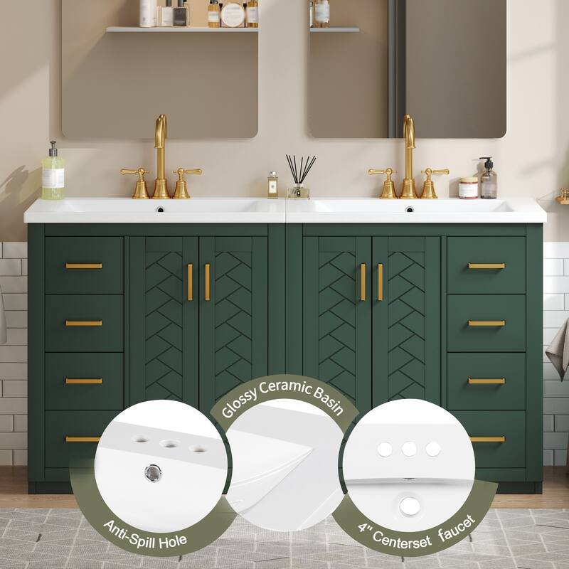 60" Green Bathroom Vanity with Ceramic Sink Combo, Solid Wood Frame Freestanding Cabinet with Drawers & Soft-Close Doors