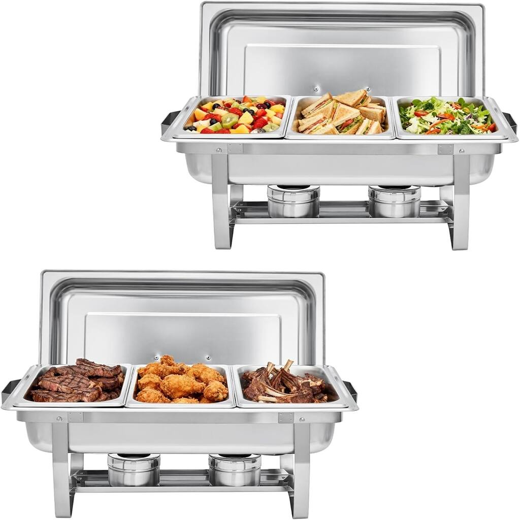 2-Pack Stainless Steel Buffet Server Set 3-Well Rectangular Chafing Dish