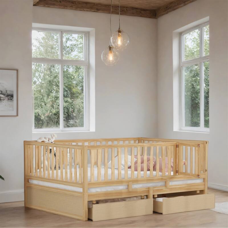 Full Size Wood Daybed with Fence Guardrails and 2 Drawers - Natural