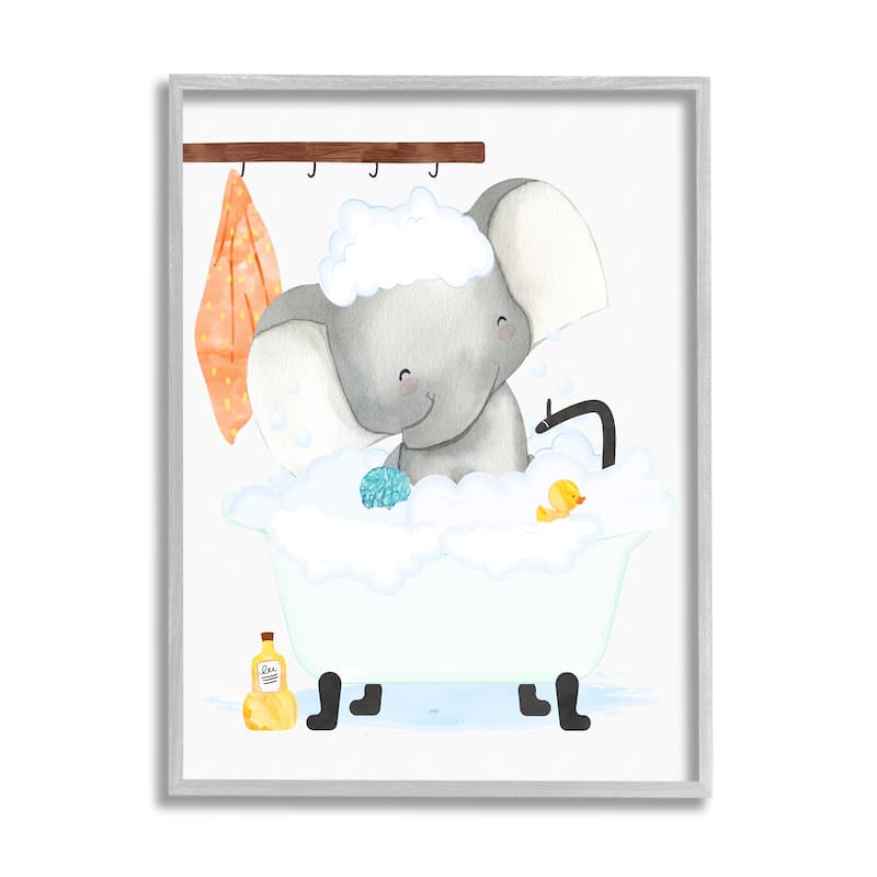 Stupell Children's Baby Elephant Bubble Bath Rubber Duck Bathroom Framed Wall Art - White