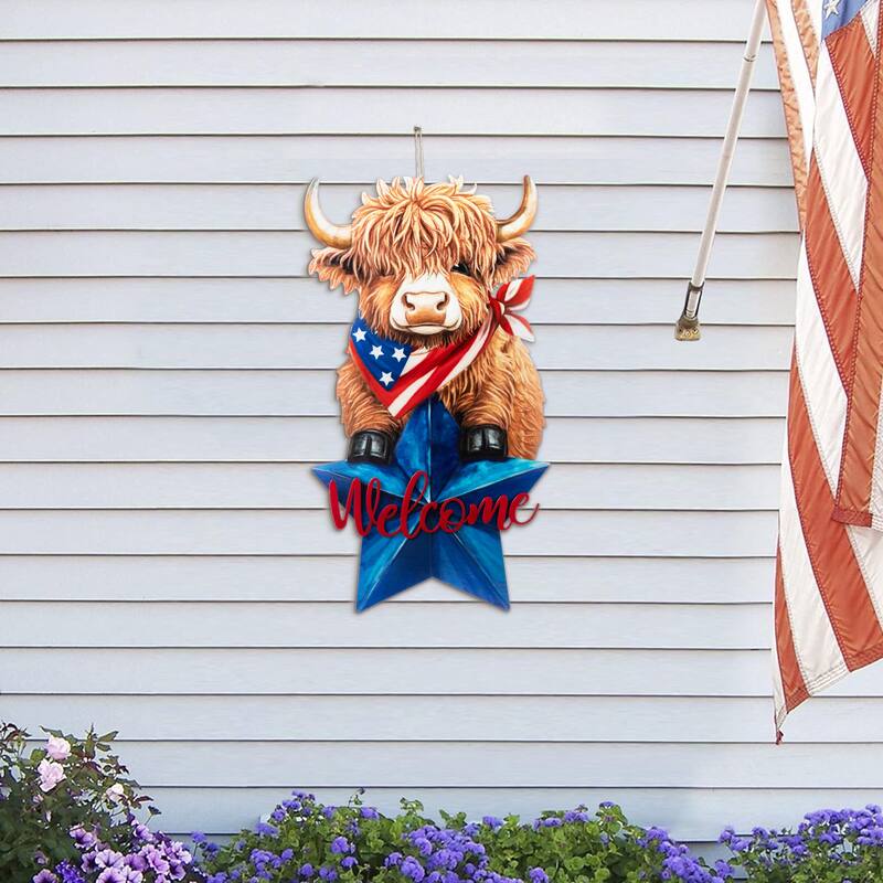 Glitzhome 30"H Patriotic/ Americana Metal Highland Cow Yard Stake Wall Decor (Two Function)