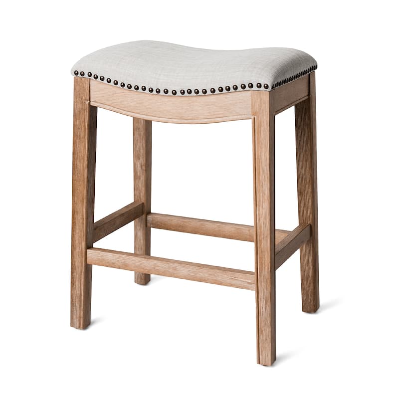 HomeRoots 26" Beige and Natural Fabric and Solid Wood Backless Counter Height Bar Chair