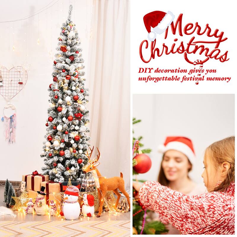 Gymax 7.5ft Snow Flocked Pencil Christmas Tree Artificial Pine Tree w/ - See Details