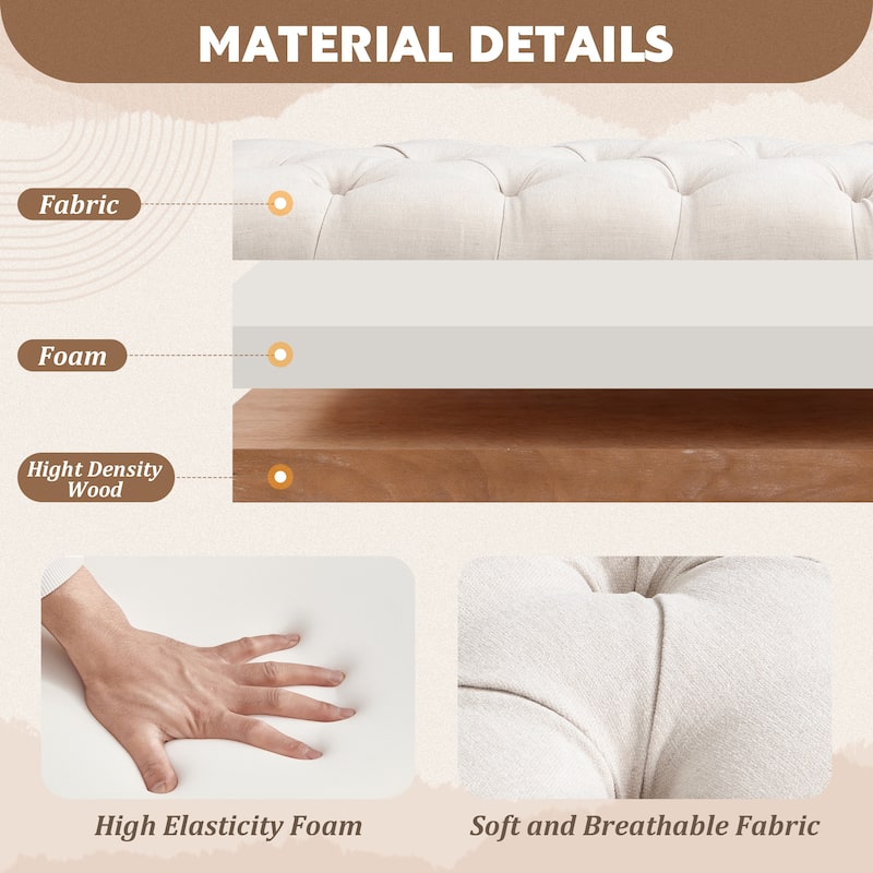 Christopher Knight Home - Mid-Century Solid Rubberwood Upholstered Bench with Rolled Arms, Button-Tufted Cushion & Nailhead Trim