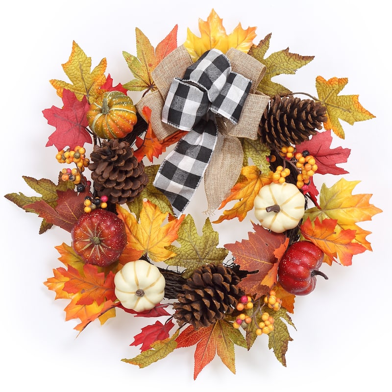 20" Fall Thanksgiving Wreath - 20Inch - Black&White Grid
