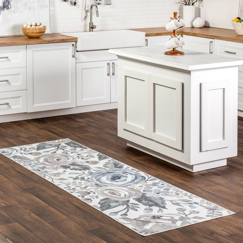 Nuloom Tiffani Floral Machine Washable SplashGuard Area Rug - 2' 6" x 8' - Light Grey - Runner
