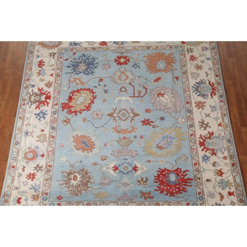 Light Blue Floral Oushak Area Rug Hand-Knotted Wool Carpet - 8'0"x 9'8"