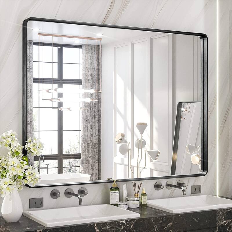 TETOTE Modern Metal Frame Wall Mounted Bathroom Vanity Mirror - 48x36 - Black