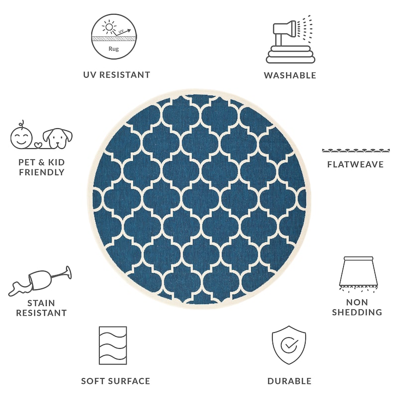SAFAVIEH Courtyard Sibel Indoor /Outdoor Waterproof Patio Backyard Rug - 6'7" Round - Navy/Beige