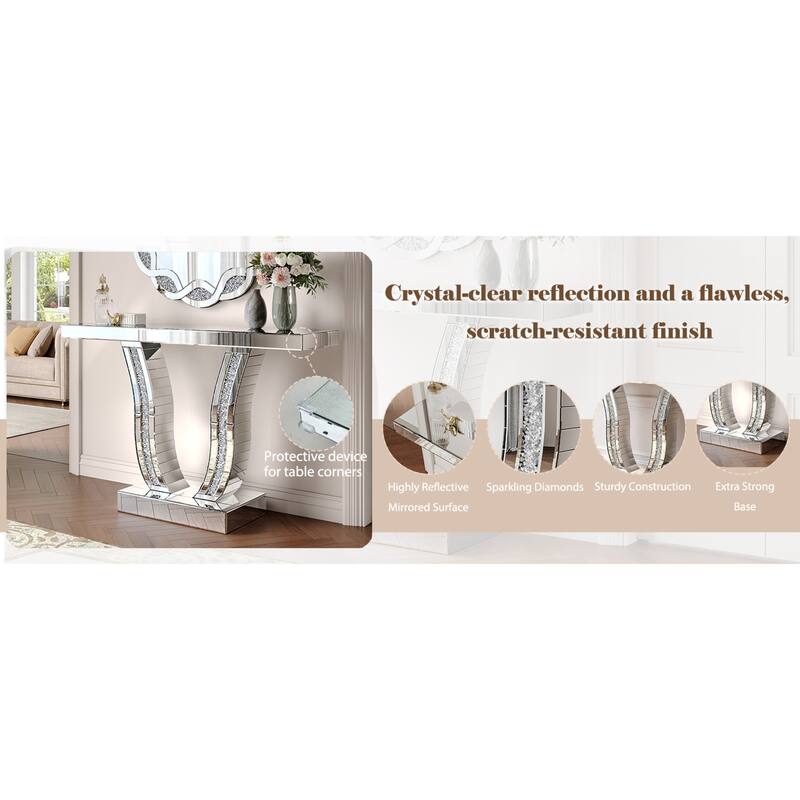 Roomfitters 43" Mirrored Console Table, Modern Silver Entryway Sofa Table with Curved Stone-Inlaid Legs, Silver