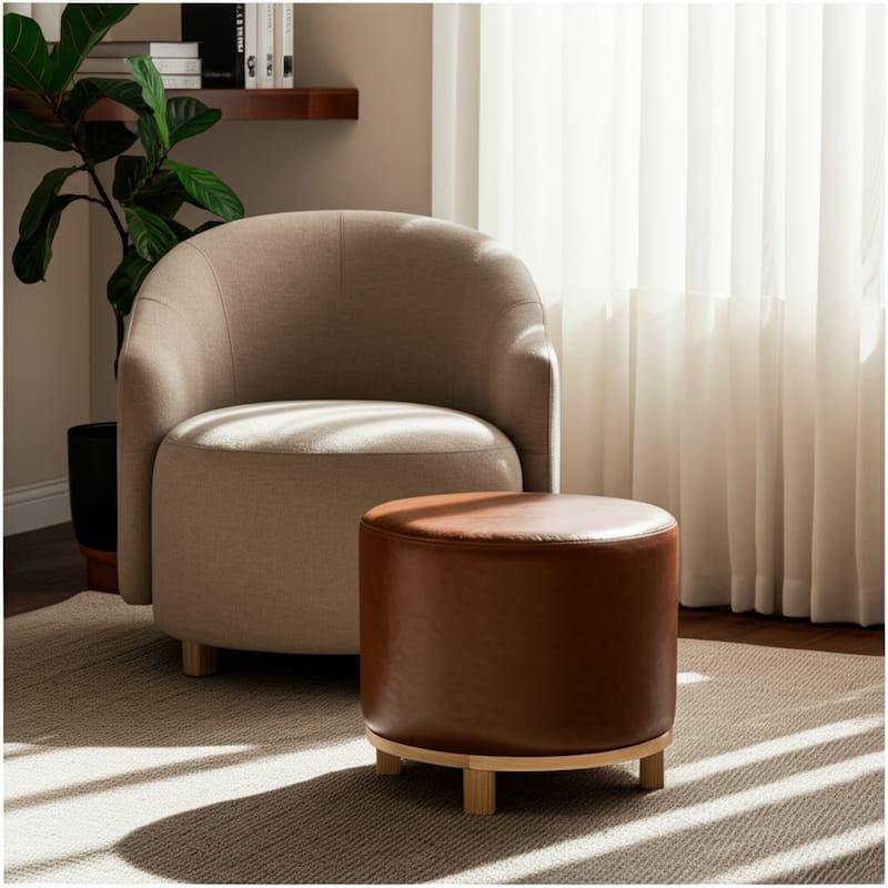 Leather and Pine Wood Ottoman Round Design Seating Accent - 18" Brown