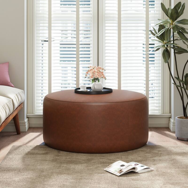 PU Leather Round Ottoman - Classic Brown Upholstered Accent Furniture