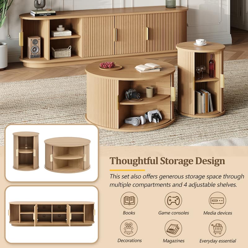 Farmhouse TV Stand & Coffee Table Set with Fluted Sliding Door & Golden Handles, for TVs up to 75"