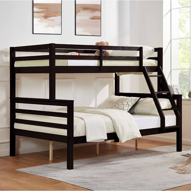 Twin over Full Wooden Bunk Bed,High Guardrail,Ladder,No Box Spring - Espresso