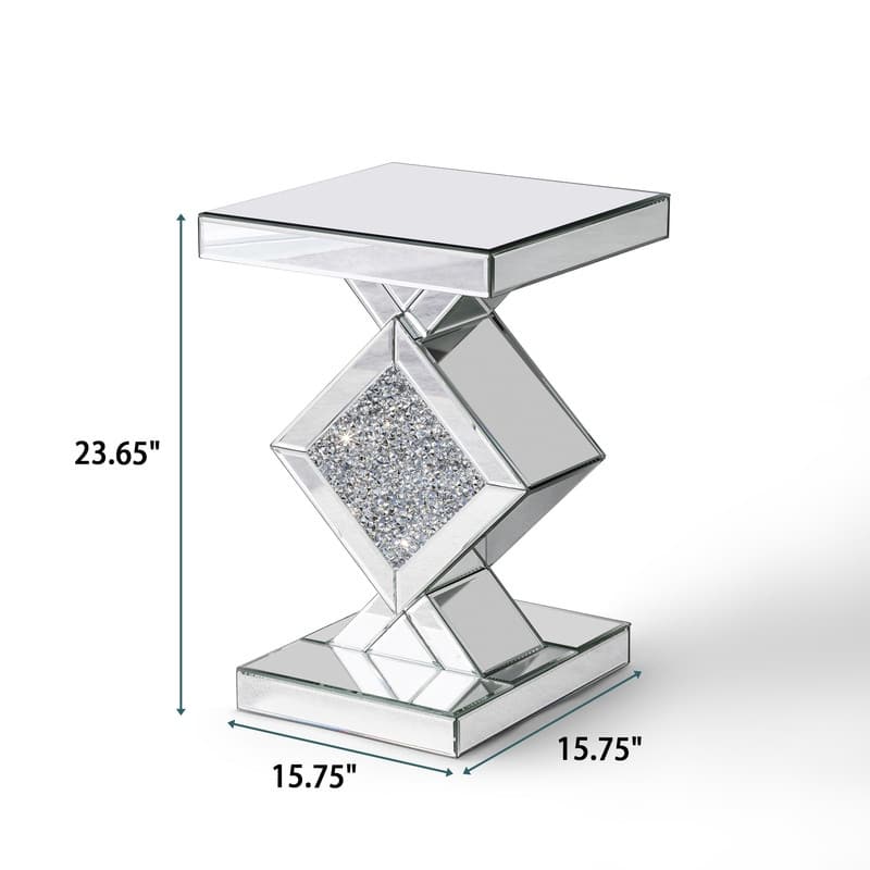 Modern Mirrored Glass Top End Table with Crushed Diamond
