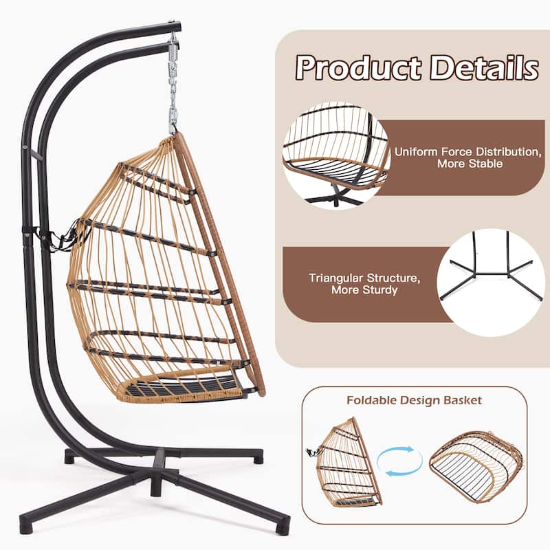 EROMMY Hanging Egg Chair with Stand, Foldable Indoor/Outdoor Swing Chair includes Cushion and Pillow, Patio Wicker Swing