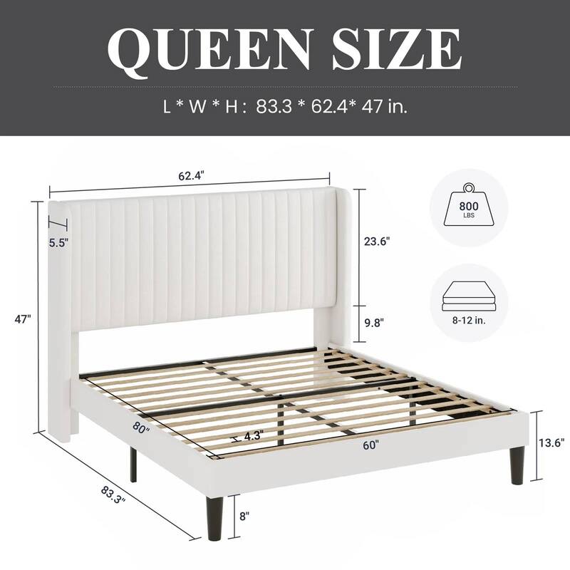 White Velvet Upholstered Platform Bed Frame with Wingback Headboard