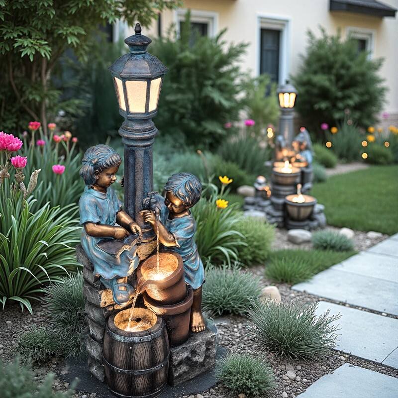 Storybook Outdoor Water Fountain with Boy and Girl Sculpture, Warm LED Lamp Post and Soothing Water Flow