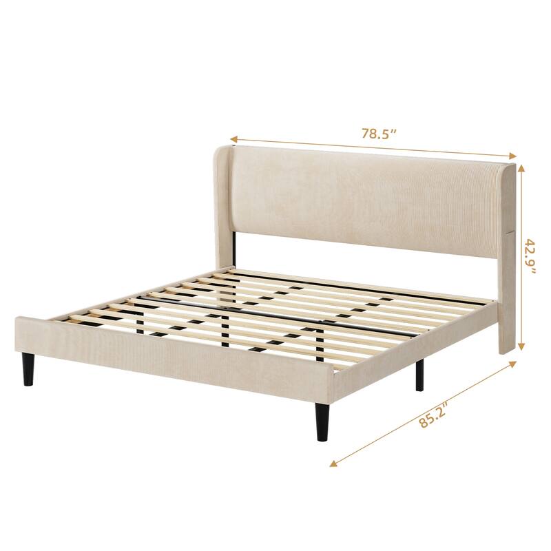 Velvet Bed Frame Full Size with Wingback Headboard and Storage Pockets