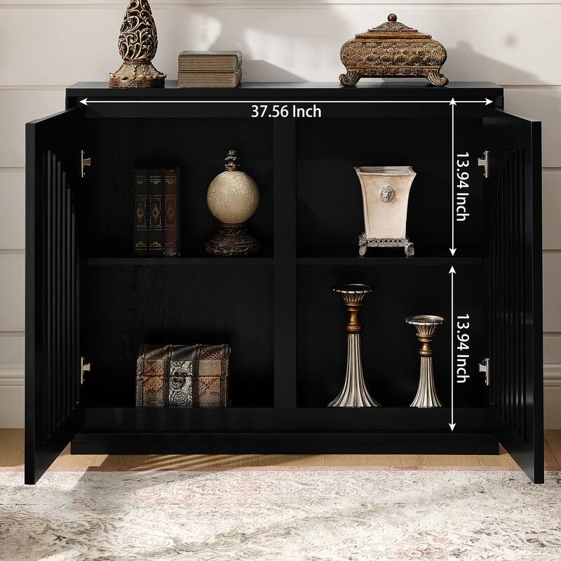 Modern Fluted Wooden Sideboard Cabinet, Multi-functional Narrow Side Cabinet, Storage Cabinet with 2 Doors & Outlet Holes