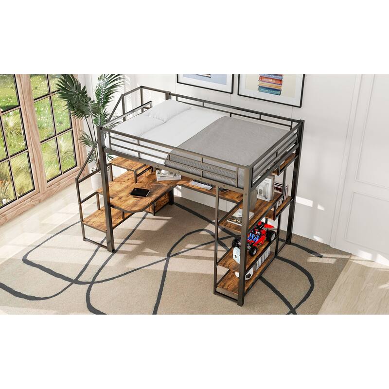 Full Size Metal Loft Bed with Small Wardrobe, L-shaped Built-in Desk, Storage Shelves & Storage Staircase, No Box Spring Needed