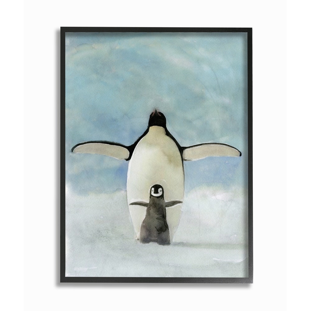 Stupell Penguin Family Blue Watercolor Animal Painting Framed Wall Art