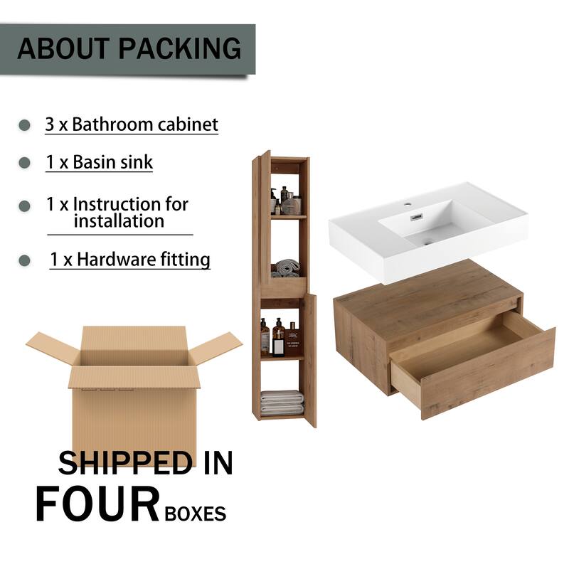 30" Wall-Mounted Bathroom Vanity with Resin Sink, Soft-Close Drawer & Adjustable Side Cabinets, Easy Assembly