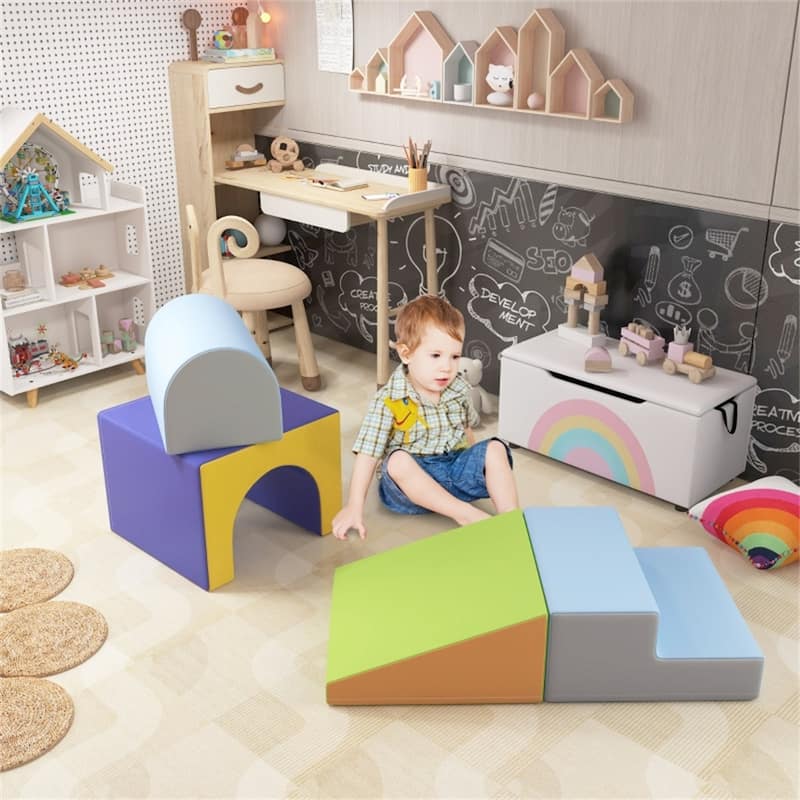 2-Piece Kids Soft Play Set for Toddlers Ages 1-3 Climbing Crawling Sliding Modular PU Foam - 59"L x 19.75"W x 15.25"H