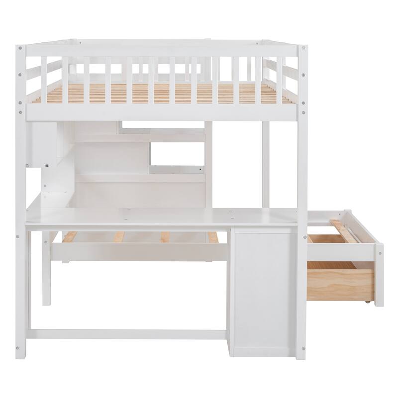 Full Over Twin Bunk Bed with Desk, Drawers, and Shelves in White