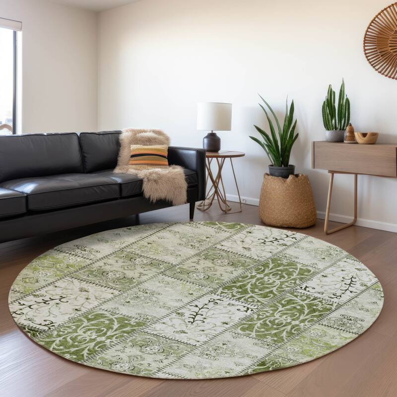 Premium Washable Super Soft Moroccan Boho Patchwork Mayfield Rug - Green - 8' x 8' - Round