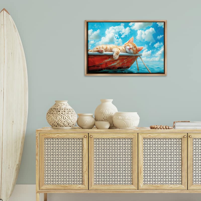 Stupell Sleeping Cat on Boat Framed Floater Canvas Wall Art Design By Parable Visions