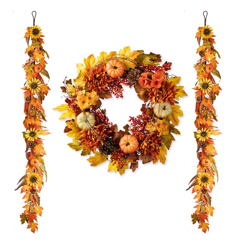 Glitzhome Fall Maple Leaf Sunflower Garland & Dahlia Pumpkin Wreath - 3-Piece Garlands & Wreath