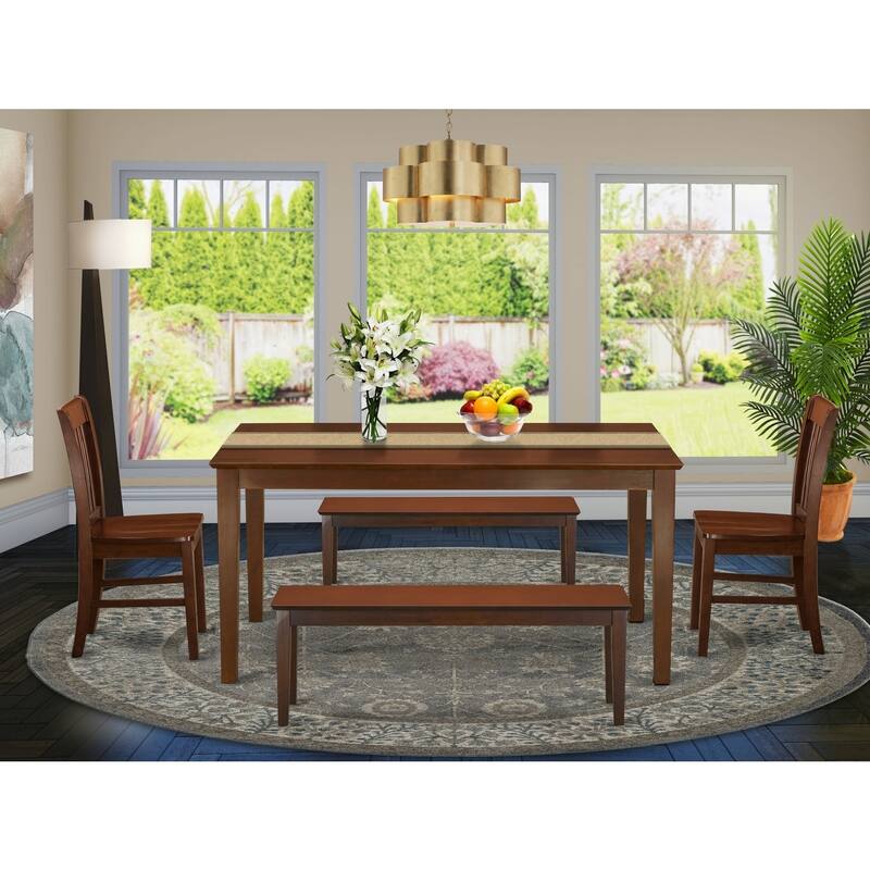 HomeStock 5-Piece Rectangle Mahogany Finish Solid Wood Top Dining Table with 2 Benches, 2 Chairs
