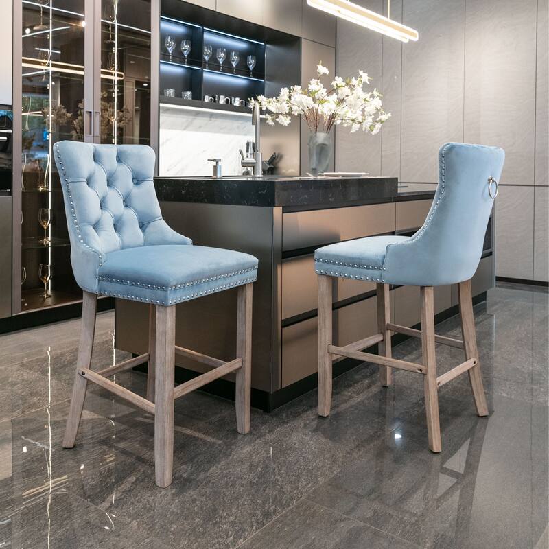 Contemporary Velvet Upholstered Barstools,Set of 2 - Light Blue