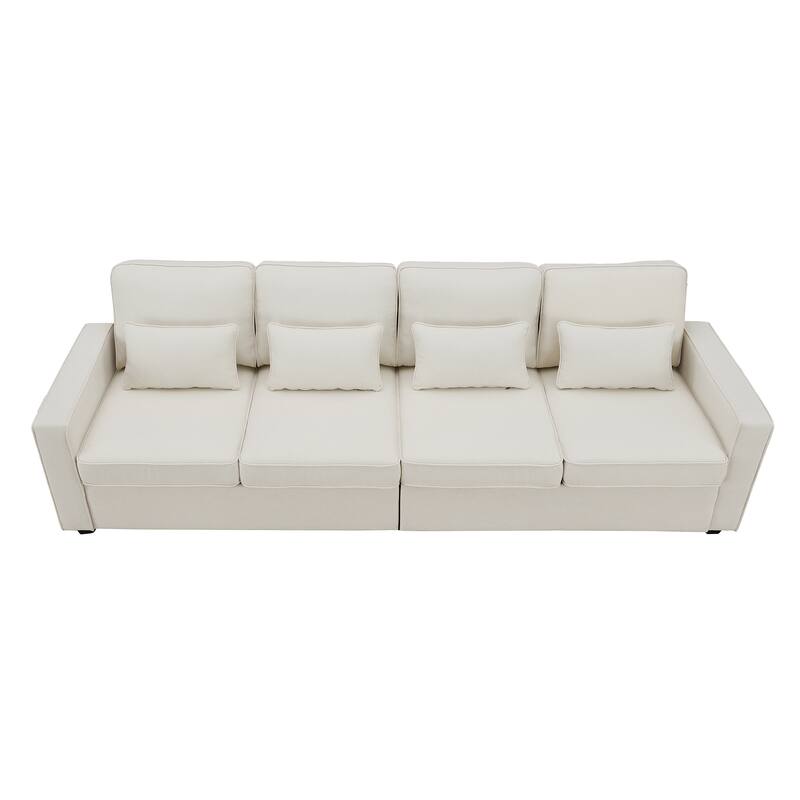 Spacious 4-Seater Linen Sofa with Armrest Storage Pockets, 104" Modern Couch with 4 Pillows for Home or Office