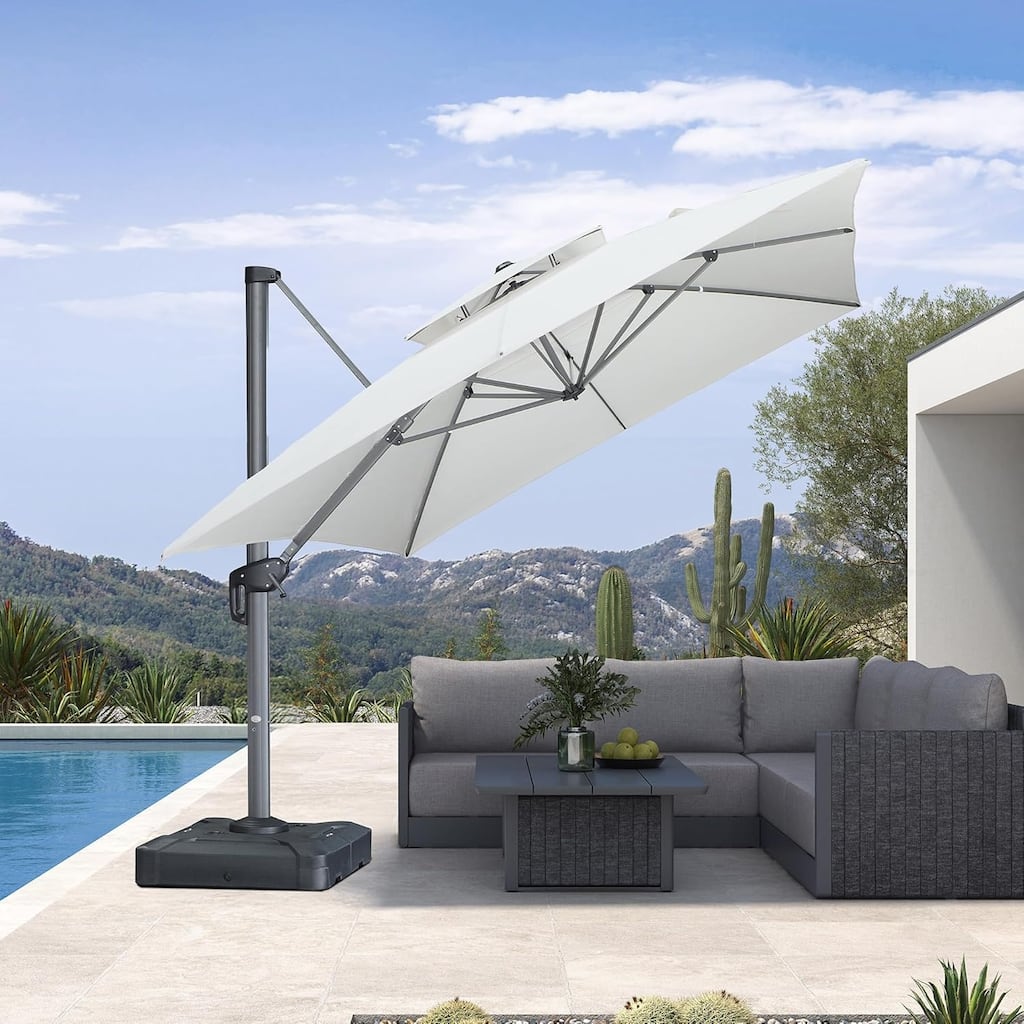 PURPLE LEAF 09x12/10x13 ft Rectangular Heavy Duty Large Offset Hanging 360°Rotation Patio Cantilever Umbrella with Base