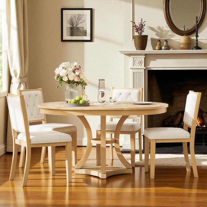 5-Piece Retro Extendable Round Dining Table Set, 42"-58" Wood Table with 4 Upholstered Chairs for Dining Room