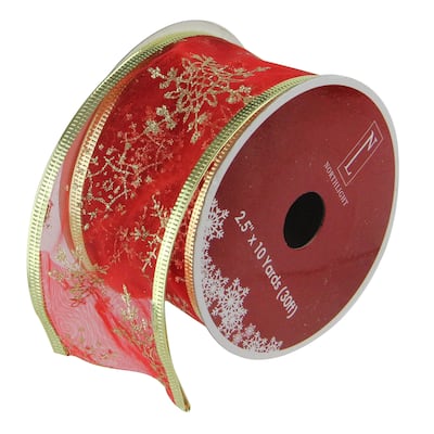 Cranberry Red and Gold Glitter Snowflakes Wired Christmas Craft Ribbon 2.5 x 10 Yards - 2.5"