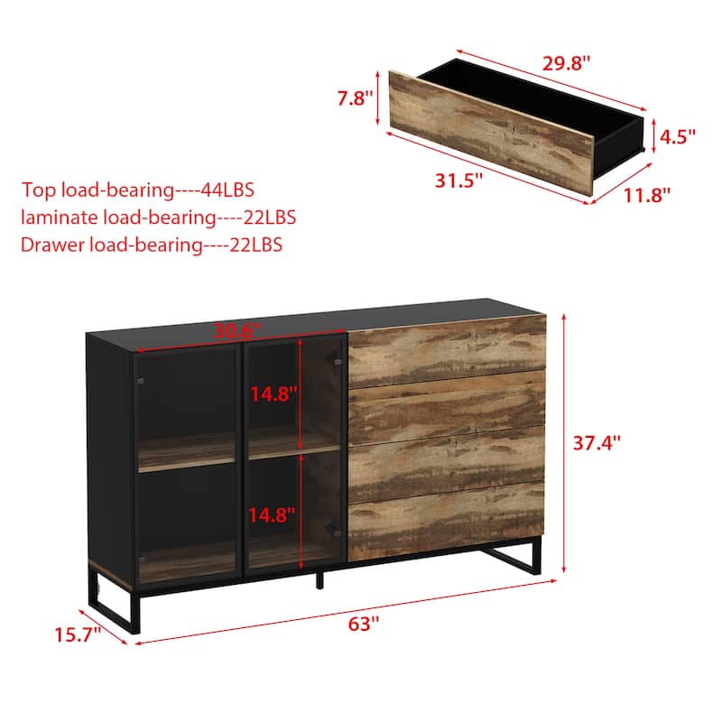 Bookshelves Sideboard Cabinet with Glass Doors and Rustic Wood Drawers 63" Credenza Storage Cabinet
