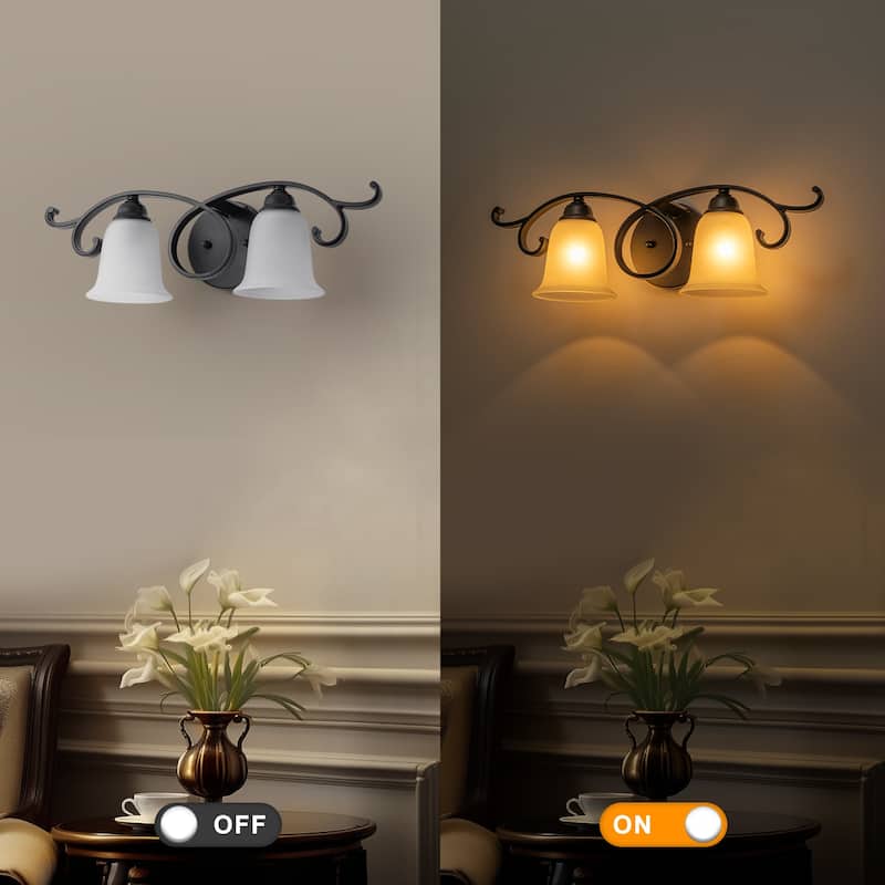 2-Light Black Scrollwork Metal Wall Sconce Frosted Bell Shade