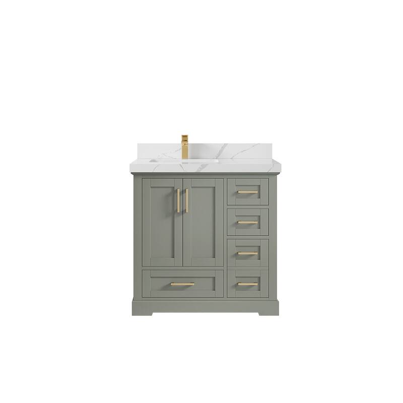 Willow Collections 36 x 22 Boston Left Offset Sink Bathroom Vanity with Quartz or Marble Countertop - 2"Calacatta Laza - Evergreen