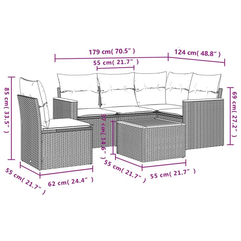 vidaXL Patio Sofa Set with Cushions Outdoor Conversation Furniture Poly Rattan - 24.4x 24.4x 27.2