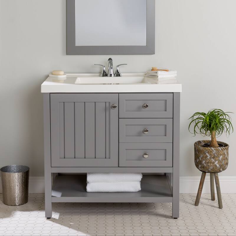Spring Mill Cabinets Elvet 37" Bathroom Vanity With Cabinet, 2 Drawers, Open Shelf, and Sink Top - Sterling Gray Cabinet/White Top