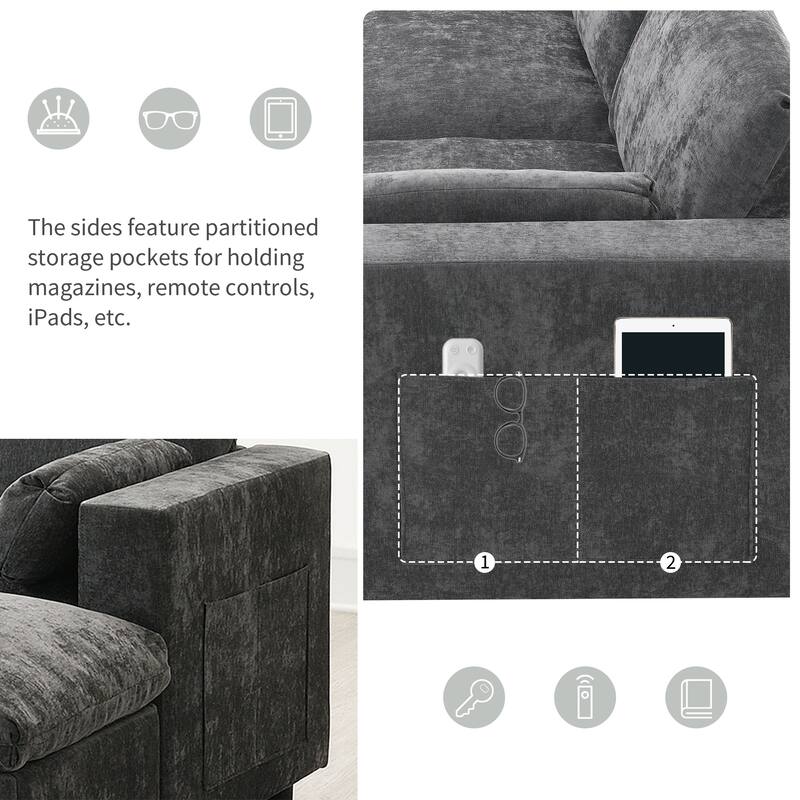 U-Shaped Sectional Sofa with Removable Ottomans, Convertible Sleeper Bed with Storage Pockets, Chenille Upholstered Cloud Couch