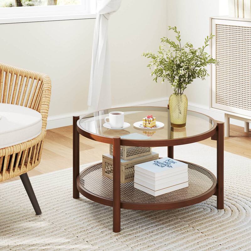 Costway Wooden 31" Round Coffee Table with Tempered Glass Top Handmade - Cherry+Transparent - See Details