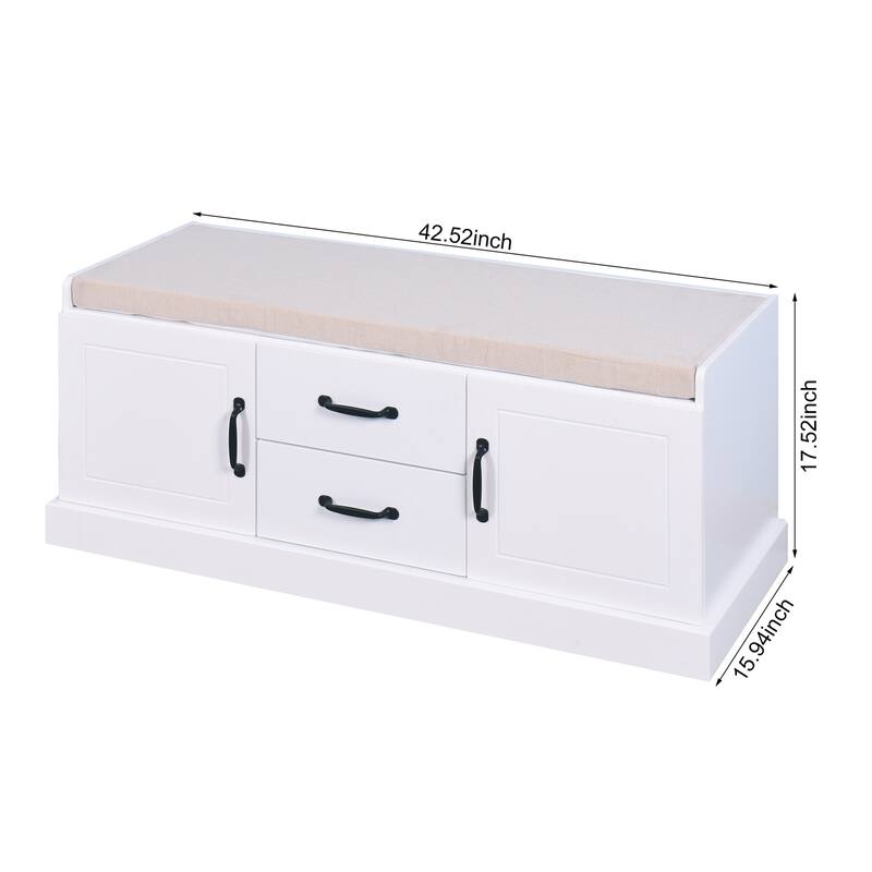 White Cushion Wooden Entryway Shoe Storage Bench with Drawers